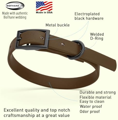 Dogline Biothane Waterproof Dog Collar Strong Coated Nylon Webbing with Black Hardware Odor- Proof for Easy Care Easy to Clean High Performance Fits Small Medium or Large Dogs, Dark Chocolate Brown