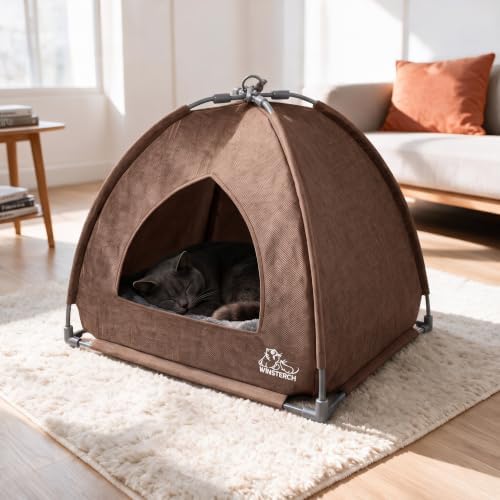 Winsterch Brown Cat Tent Covered Pet House for Indoor Cats Washable Cushion