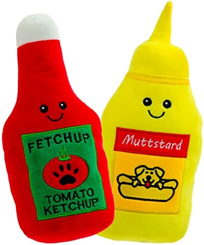 Giftable World Pet Plush Pet Toy Fruits, Cupcakes, Ice Creams, Mug with Squeaker Dog Chew Toy (10" Ketchup & Mustard)