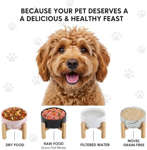Elevated/Raised Ceramic Dog Bowl with Bamboo Stand,Marble Pattern 6 Inch 3.6 Cups Non Slip Heavy Weighted Single Pet Dish, for Small Medium Breed & Cats,Reduces Neck Strain Marble Pink