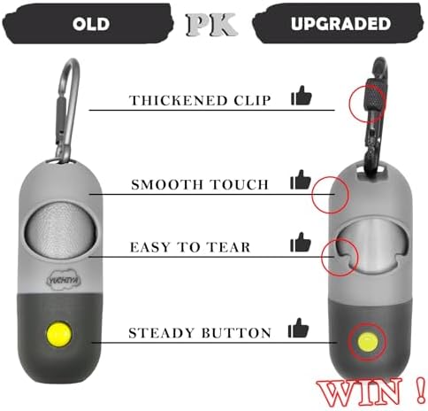 Dog Poop Waste Bags Holder with LED Flashlight|Cute Doggie Poo Bags Dispenser for Pet Leash|Trash Waste Bags Carrier with Potty Clip Fastener LR44 Button Cells Included (Grey, 2 Holder 30 Bags)