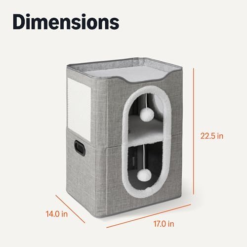 Amazon Basics 2-Cube Cat House with Sisal Scratch Pad and Dangle Toy, Grey