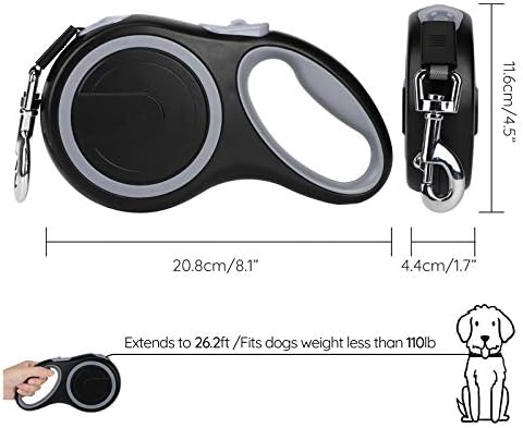 Segarty Dog Leash Retractable 26ft, Dog Leashes for Small Medium Large Pets Up to 110lbs, Heavy Duty 1 Button Break & Lock No Tangle Nylon Leads for Pet Walking & Training, Black