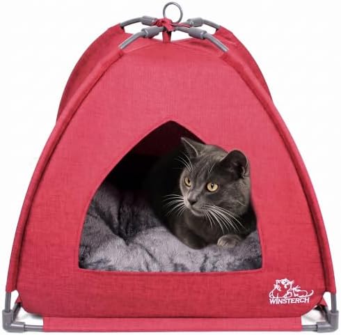 Winsterch Red Cat Tent Covered Pet House for Indoor Cats， Washable Cushion