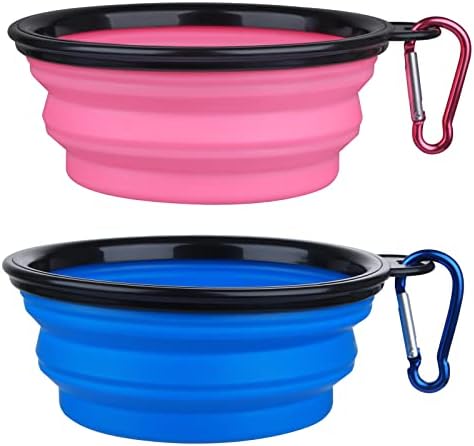Dog Bowl Pet Collapsible Bowls, 2 Pack Collapsible Dog Water Bowls for Cats Dogs, Portable Pet Feeding Watering Dish for Walking Parking Traveling with 2 Carabiners (Small, Bule+Pink)