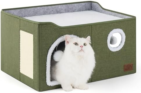 Bedsure Extra Wide Cat House Bed with Fluffy Ball and Scratch Pad