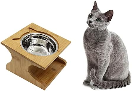 Cat Bowls Pet Dining Table with Raised Slope Wooden Stand Elevated Pet Bowls with Oblique Stand for More Comfortable Eating for Cats, Dogs, Kitten and Puppy (1 Bowl, Steel)