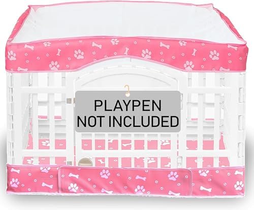 Dog Playpen Bottom Pad and Mesh Top Cover fit 36" x 36“ Puppy Playpen(Fence NOT Included),Reusable for Pet Training,Dog Crate,Waterproof Pet Pee Pads,Whelping,Puppies/Small Dogs,Hoop&Loop Design,Pink