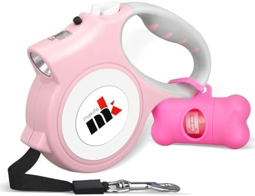 Retractable Dog Leash with LED Light Makife 5m Extendable Dog Lead for Small Medium Puppis up to 25kgs, One-Hand Brake & Lock System, Ergonomic Handle - Light Pink