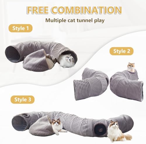 Cat Tunnel Bed for Indoor Cats - Cute Cat Donut Tunnel with Washable Circle Cushion and Blackout Tent Round Pet Play Toy for Kitten/Puppy/Rabbit, Grey