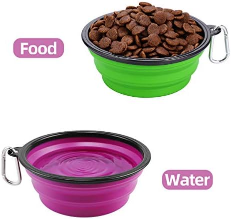 Kytely Large Collapsible Dog Bowls 2 Pack, 34oz Foldable Dog Travel Bowl, Portable Pet Water Food Bowl with Clasp, Pet Cat Feeding Cup Dish for Traveling, Walking, Hiking (Green+Purple)