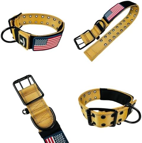 Tactical Dog Collar 2 Inch Wide Heavy Duty with Metal 2-Pin Belt Buckle for Medium, Large & XL Dogs, Thick Military-Style K9 Collar, Reflective, with Name Plate Area, USA Flag Patch, Strong & Durable