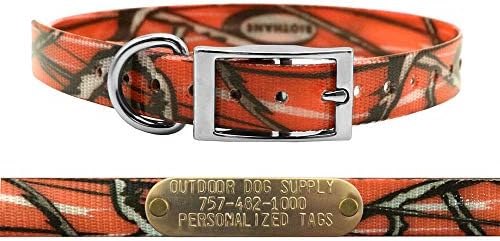 Light Weight Waterproof D-Ring Dog Collar w Custom Name Tag, Orange Camo