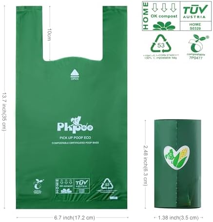 Pkpoo 100% Compostable Dog Poop Bags with Handles, Extra Wide, Vegetable-Based Large Poop Bags for Dogs, Biodegradable Waste Bags for Poo, Cat Litter, Diaper Sacks, Unscented, 180 Counts