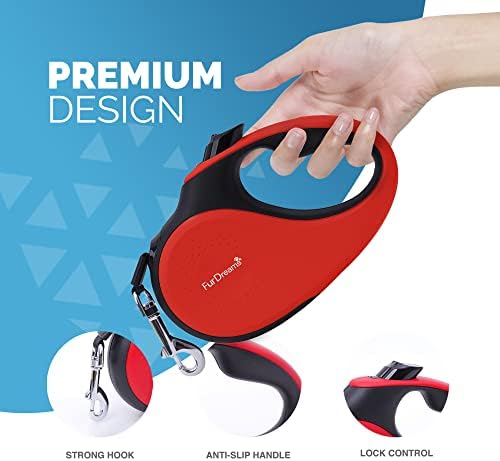 FurDreams Dog Lead - Retractable, Anti-Tangle Nylon Tape Leash Lock Button, Comfortable Handle, Multiple Sizes & Colours - 5m Extendable for Dogs Under Your Control! Heavy Duty Small Up to 15kg Red
