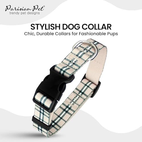 Parisian Pet Plaid Dog Collar - Adjustable Scottish Khaki Pet Collar with Secure Buckle and Metal D-Ring - Comfortable Designer Puppy Collars - Durable Nylon Checkered Dog Collars for Medium Dogs