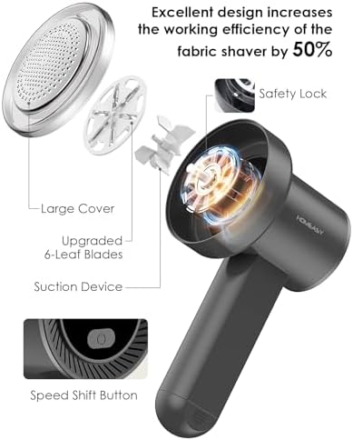 HOMEASY Fabric Shaver, Rechargeable Lint Remover for Clothes Grey