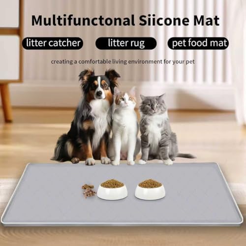 Cat Mat for Litter Box, Large 35" X 22" Cat Litter Mat, Indoor Waterproof Silicone Litter Trapping Pad for Floor, Soft on Kitty Paws, Easy to Clean, Non-Slip, Gray