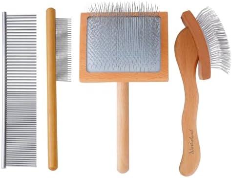 Slicker Brush for Long Haired Dogs, Wooden Ergonomic Handle