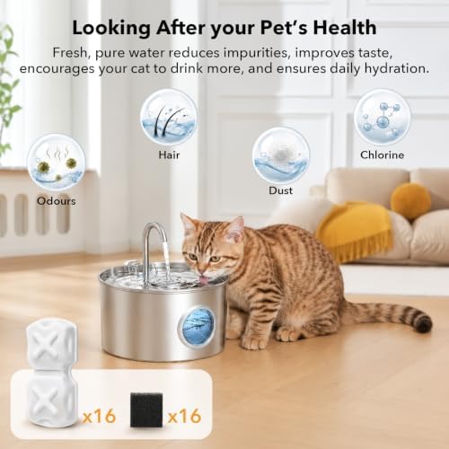 32-Piece Stainless Steel Cat Water Fountain Filter Replacement -16 Cat Fountain Filters+16 Sponges & 1 Brush, Compatible with 74oz/88oz/108oz Stainless Steel Pet Fountains