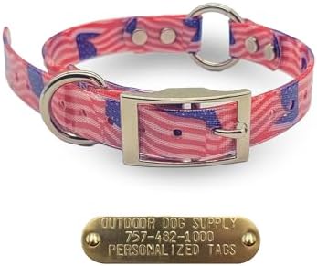 Waterproof D-Ring Dog Collar w Custom Name Tag, 18", American Flag