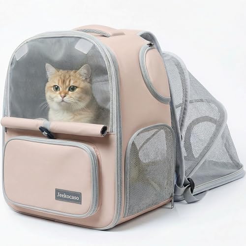 Cat Backpack Carrier Expandable,Pet Travel Backpack for Cats and Small Dogs, 1200D Waterproof Ventilated Mesh with Lockable Zippers, Foldable for Hiking Camping Vet, Up to 18 Lbs(Khaki)