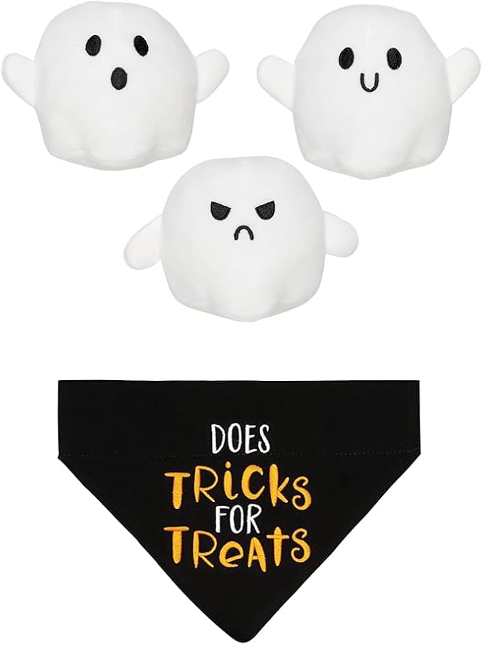 Bundle of Pearhead Plush Squeaky Ghost Dog Toys, Set of 3 + Trick or Treat Bandana - S/M