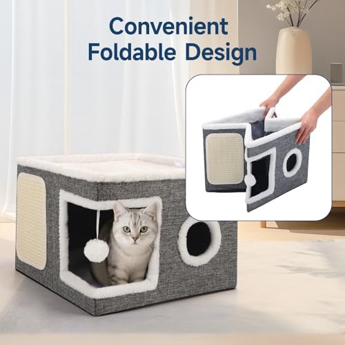 Shikha Cat House Bed for Indoor Cats with Fluffy Ball and Scratch Pad Grey