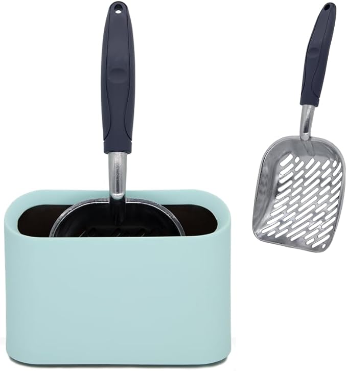 Aluminum Cat Litter Scoop in Holder, Non-Stick Cat Poop Scooper with Holder, Fast Sifting Kitten Poop Lifter and Caddy | Aluminum Cat Litter Scoop in Holder
