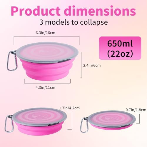SLSON Dog Bowls Pet Collapsible Bowl with Cover Lids,2 Pack Dog Travel Bowls Portable Foldable Cat Water Dish Bowl for Pets Walking Parking Camping (Pink and Purple, Medium)
