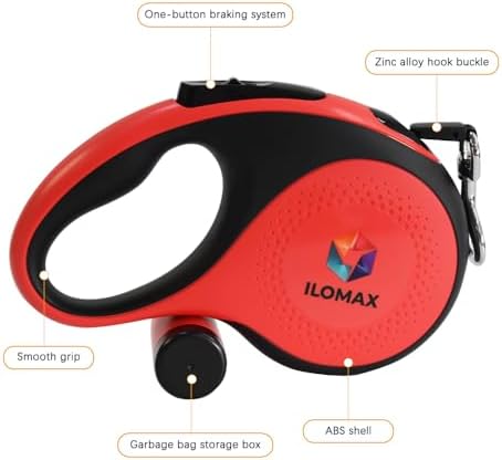 ILOMAX 360° Tangle-Free Retractable Dog Leash Built-in Waste Bag Dispenser Under Handle 2 Rolls Poop Bags Included Heavy Duty Tape Leash for Dogs up to 50kg Carry Pouch Included (Red, L)