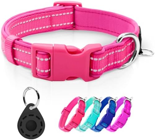 azuza Airtag Dog Collar, Large Dog Collar with Airtag Holder, Hot Pink, L