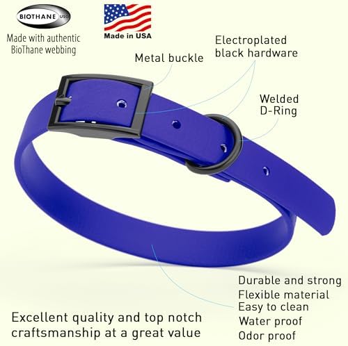 Dogline Biothane Waterproof Dog Collar Strong Coated Nylon Webbing with Black Hardware Odor- Proof for Easy Care Easy to Clean High Performance Fits Small Medium or Large Dogs, Blueberry Royal