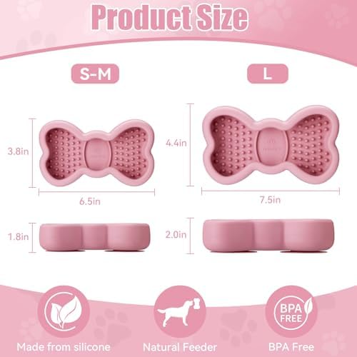 Lick Mat for Dogs, Animire Anti-Spilled Bow Tie Lick Bowls for Anxiety Relief, Silicone Slow Feeder Licking Pad with Suction Cups, Freezeable Dog Enrichment Toy for Boredom and Distraction(Pink,S)