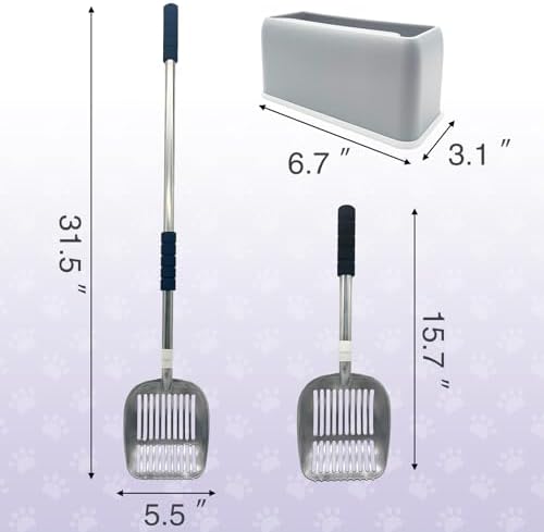 PINVNBY Cat Litter Scooper, Long Handle Litter Sifter Scoop with Litter Scoop Holder Stainless Steel Kitten Scooper Deep Kitty Litter Scooper with Box Metal Detachable Sifting Litter Shovel Set