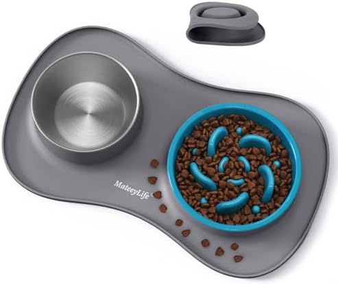 MateeyLife Dog Food and Water Bowl Set 3 in 1, Slow Feeder Dog Bowls & Stainless Steel Water Bowl with Non-Spill Silicone Mat, Cat and Puppy Bowls Pet Dishes for Small Medium Large Breed Anti-Choking