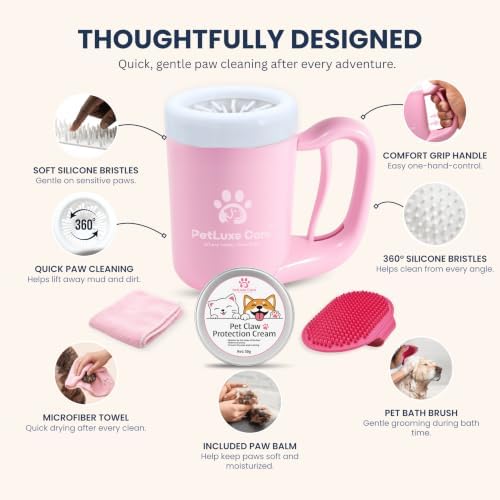 Dog Paw Cleaner, Paw Washer Cup with Soft Silicone Bristles, Portable Dog Foot Washer, 4-in-1 Paw Cleaner Kit with Paw Balm, Microfiber Towel & Grooming Brush (Pink Medium)