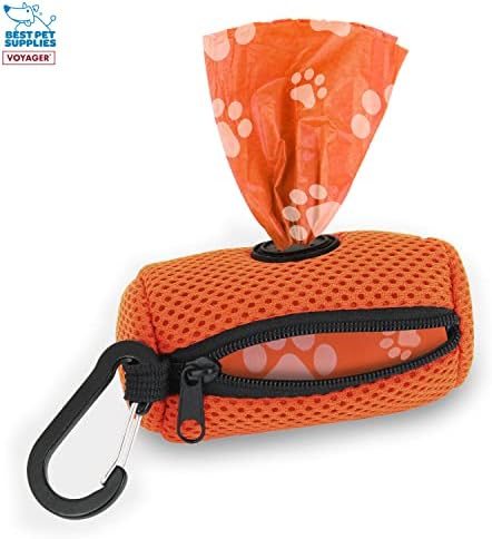 Best Pet Supplies Dog Poop Bag Holder Leash Attachment with Reusable Dispenser for Travel, Walking, Park, and Outdoor Use, Durable with Clip-On - Orange, Mesh Dispenser w/15 Bags