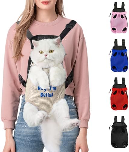 Personalized Dog Carrier Backpack with Name Embroidery, Adjustable Front-Facing Legs-Out Design, Custom Dog Carrier Bag with Breathable Tail Hole & Chest Support for Small/Medium Dogs (Beige, X-Large)