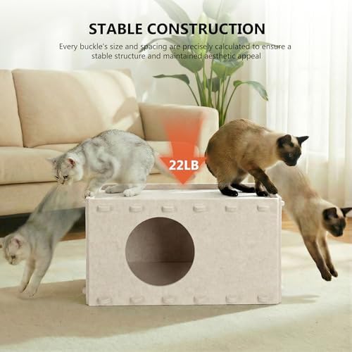 Cat House for Indoor Cats, Scratch Resistance Cat Cave Bed, Felt Peekaboo Cat Hideaway for Large & Multiple Cats Up to 22Lbs, Cream