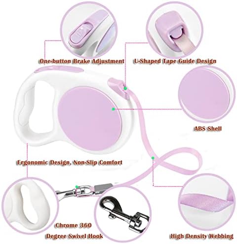 Lavender Purple Retractable Dog Leash 10 ft for Small and Medium Dogs and Cats, One Button Brake, Pause, Lock by LFCXHTY