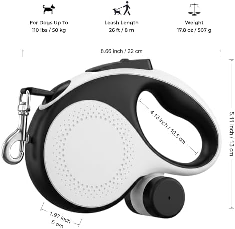 26ft Retractable Dog Leash Durable for Dog up to 110lbs, White
