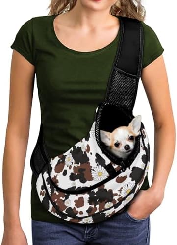 Cow Pattern Dog Carriers for Small Dogs Backpack Pet Sling Carrier Breathable Mesh Travel Pet Handbag Safe Sling Bag Carrier for Dogs Cats with Adjustable Shoulder Strap and Reinforced Buckle
