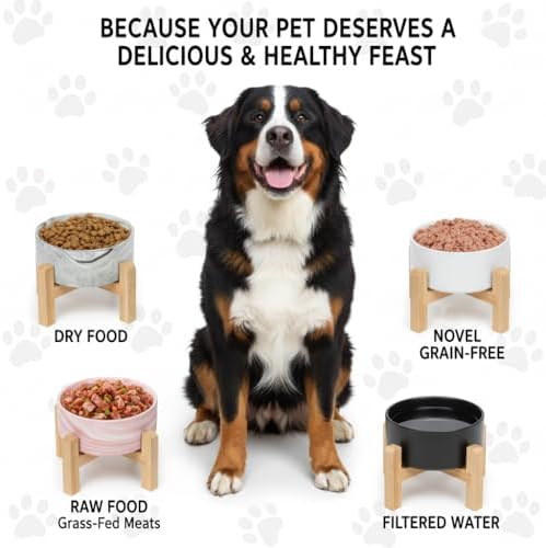 Elevated/Raised Ceramic Dog Bowl with Bamboo Stand,Marble Pattern 7 Inch 7.6 Cups Non Slip Heavy Weighted Single Pet Dish,Anti Tipping,Reduces Neck Strain Marble Pink