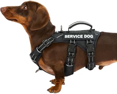 Huntboo Service Dog Vest Harness, Escape Proof Harness with 6 Patches, No-Pull, Reflective Harness with Handle, Adjustable for Small to Large Dogs, for Training and Hiking (Black, XS)