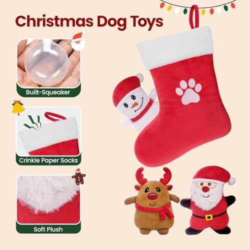 HGB Christmas Dog Toys, 4 Pack Plush Squeaky Dog Toys for Small Medium Breed with Dog Stocking to Keep Them Busy & Daily Companionship