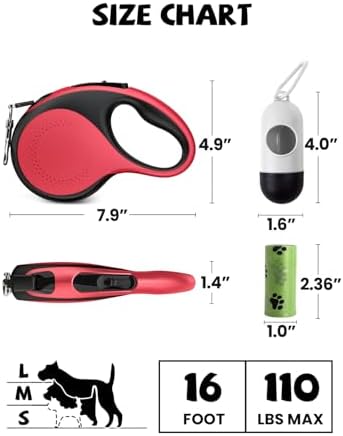 Retractable Dog Leash with Led Light, Douexio 16ft Heavy Duty Dog Leash Retractable for Medium Large Dogs Up to 110lbs,360° Tangle-Free, One-Button Control, High Strength Hook (Red, 66-110lbs)