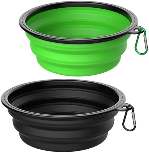Collapsible Dog Bowls [2 Pack] 20 oz, Travel Dog Bowls, Pet Bowl Portable Foldable Water Food Feeding Dishes with Carabiner Clip for Traveling Hiking Walking-Black & Green