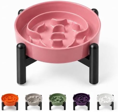 Elevated Slow Feeder Dog Bowl, 0.8 Cups Ceramic Raised Slow Feeder with Stainless Stand, 6.3 Inch Wide Lifted Dog Bowl for Small Breeds to Control Eating Speed, Pink