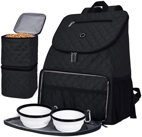 BAGLHER Dog Travel Bag, Airline Approved Pet Supplies Backpack, Dog Travel Backpack with 2 Silicone Collapsible Bowls and 2 Food Baskets, Black